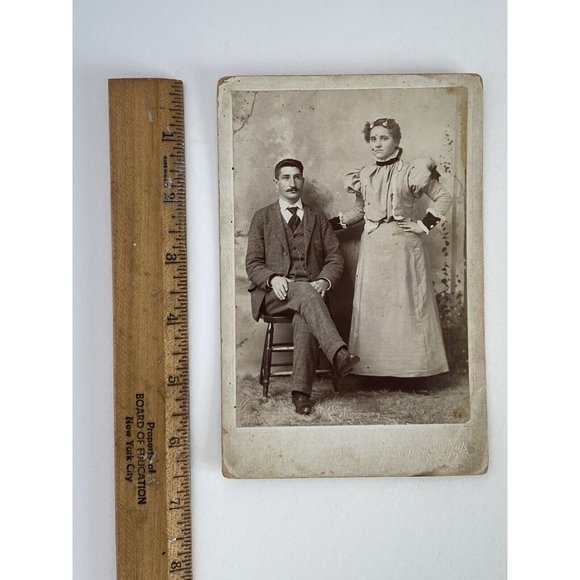 c1880 Cabinet Card Couple Studio Photo Man Moustache Woman High Neck Puff Sleeve - Picture 6 of 7